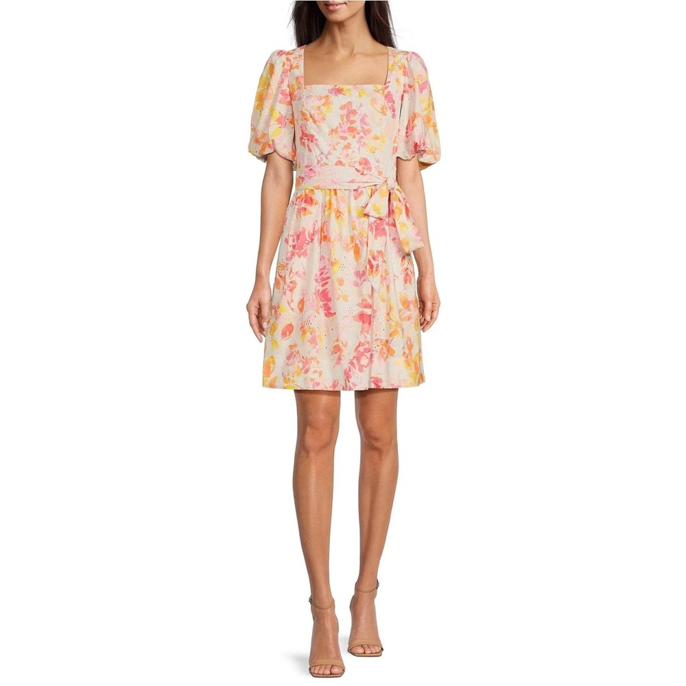 Eliza J Floral Eyelet Cotton Puff Sleeve Belted Mini Dress Size 12